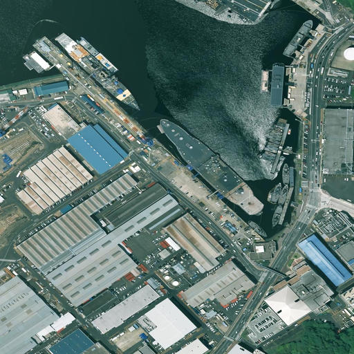 Clear RGB aerial image of a harbor with ships, piers, and warehouses, from the CPRS source showcase